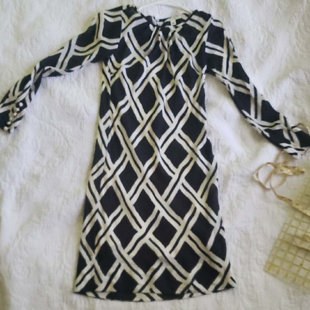 Banana Republic Black and White Sheath Dress with Bishop Sleeves
